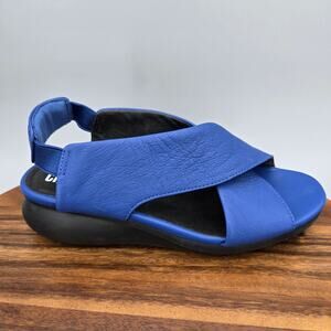 Camper Sandals Women's 7.5 38 Blue Leather Balloon Wedge Strappy Cross Strap